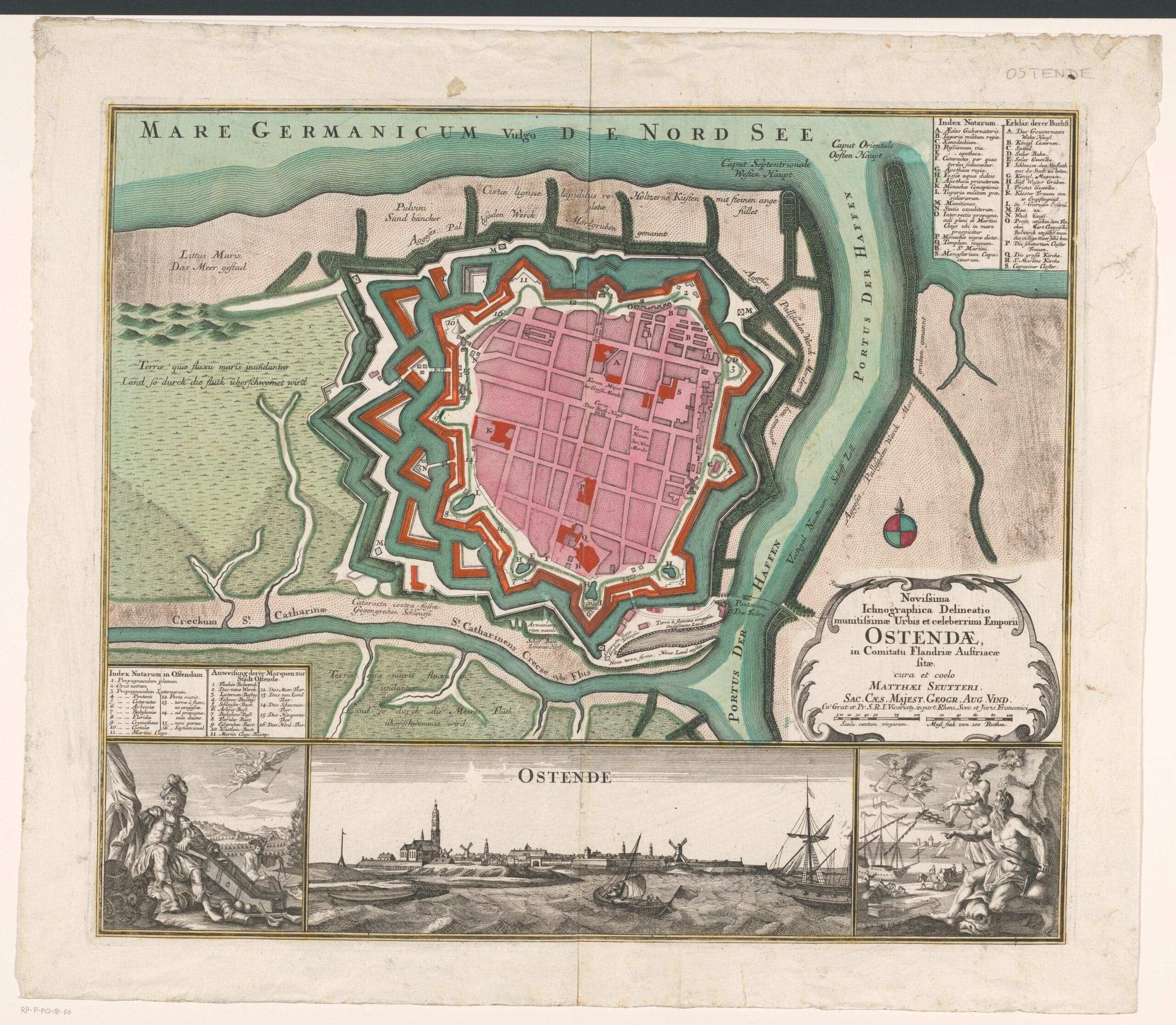 1 Plattegrond van Oostende met stadsgezicht Matthaeus Seutter III 1708 1757