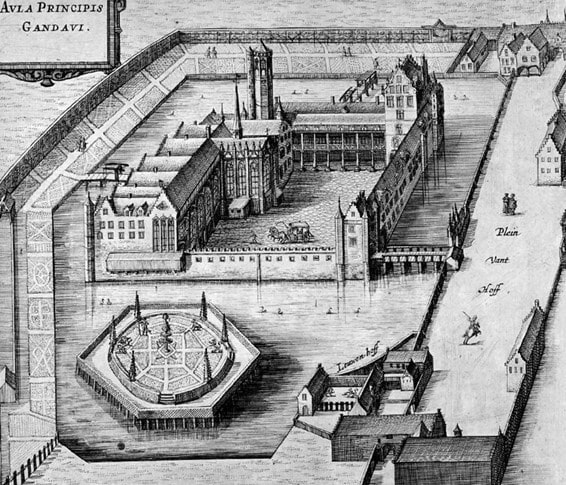 2 Het prinsenhof in Gent met vooraan rechts het Leuwen hoff