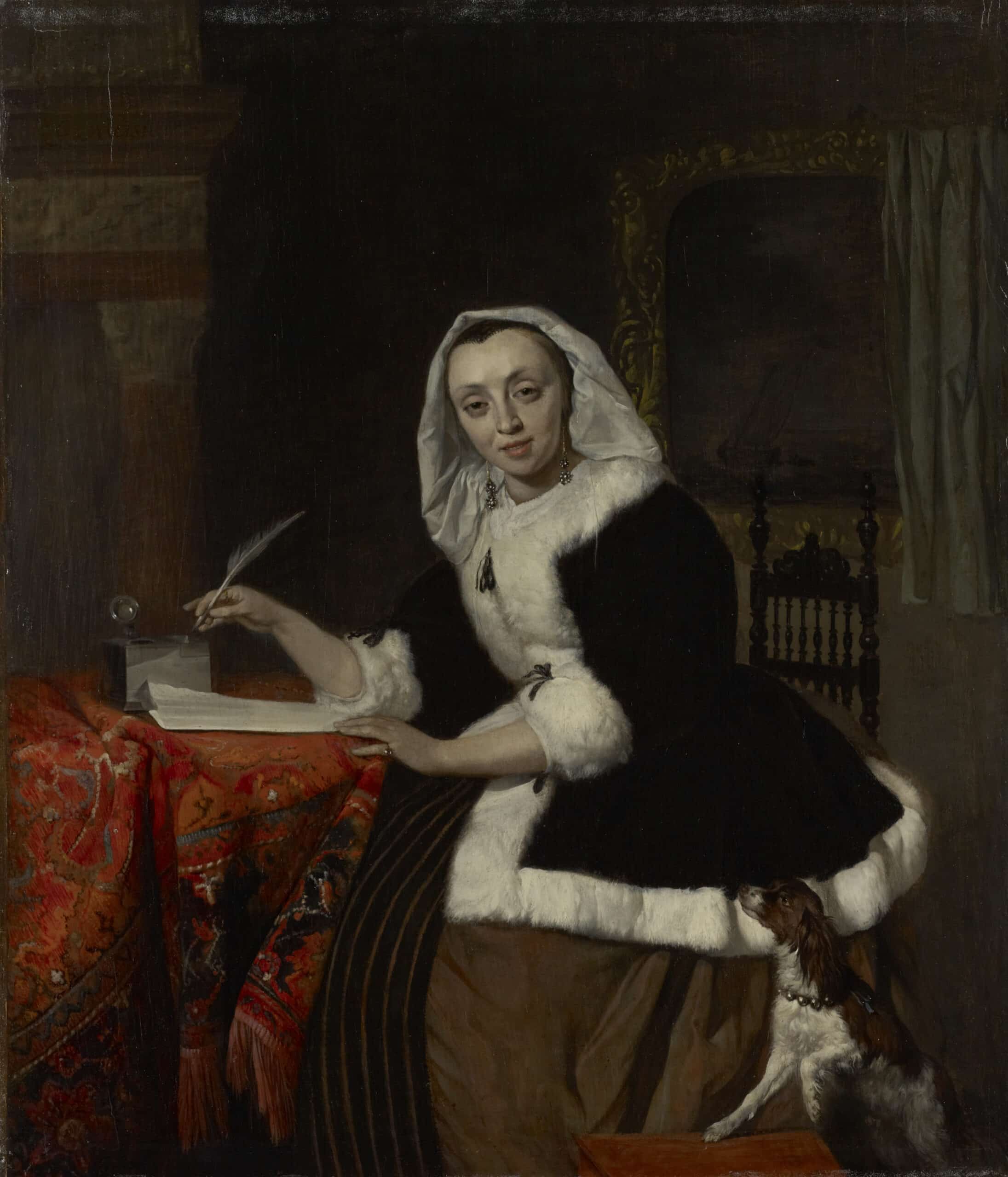 4 Gabriel Metsu Elegante dame schrijvend aan haar bureau 1662 1663 Leiden Collection New York