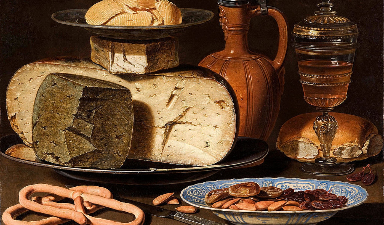 Clara Peeters Still Life with Cheeses Almonds and Pretzels