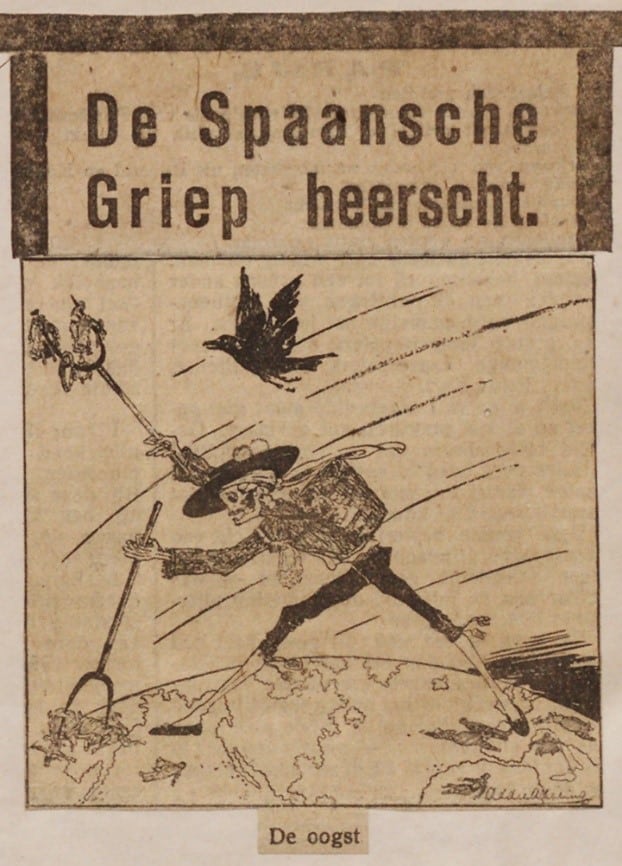 De-oogstThe-Spanish-Flu-rules-.-Cartoon-from-a-Dutch-newspaper-1918-1919