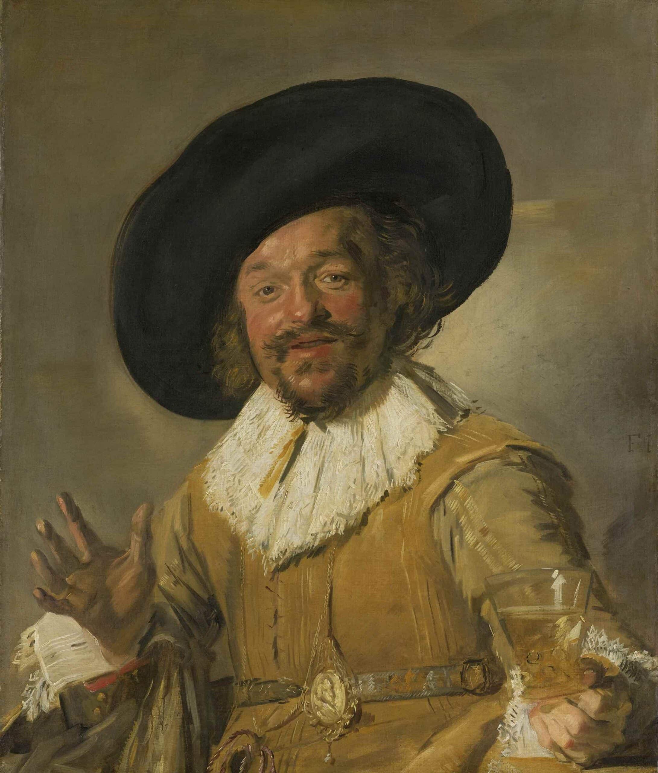 Een schutter die een berkenmeier vasthoudt bekend als De vrolijke drinker ca 1629 Rijksmuseum Amsterdam