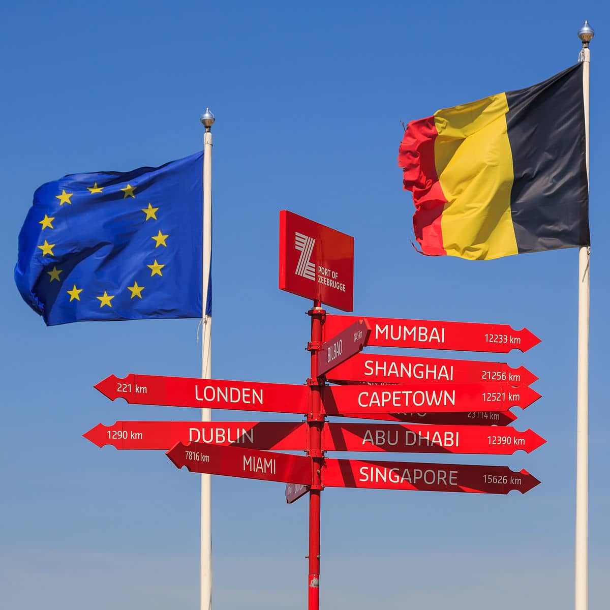 Zeebrugge Belgium Signpost with EU Flag and Belgium Flag 01